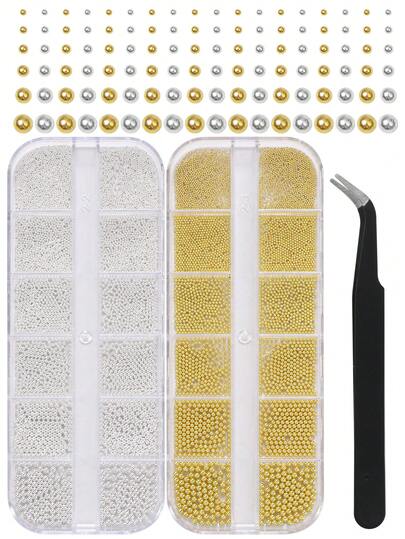 2 scatole di perline di caviale per arte di unghie 3D dorate e argentate, di dimensioni multiple 0,6/0,8/1,0/1,2/1,5/2,0 mm, palline d'acciaio rotonde mini per artigianato fai-da-te, accessori per manicure (incluse pinzette)
