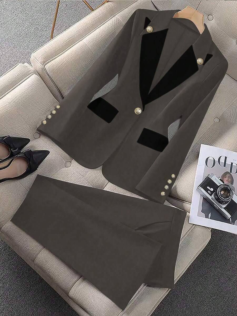 1 Set Women's Suit Jacket And Pants, Button Closure - Gray-black - View 1
