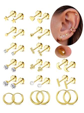 15 Pairs Hypoallergenic Small Flat Back Stud Earrings For Women 18K Gold Plated 316L Stainless Steel Stud Hoop Earring Sets Tiny Screw Back Cartilage Earrings Huggie Hoops Cartilage Earring Stacks