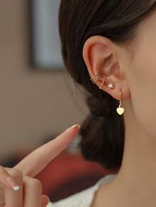 Tkool 3pcs/Set Heart Shaped Copper Alloy Ear Cuff Earrings, Simple Design Earring Set For Women - Yellow Gold - View 3
