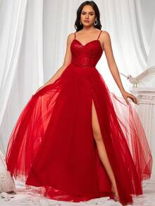 VIPGIRL Women's High-End Luxury Embroidered Slit Strap Formal Dress, Elegant Party Gown - Red - View 4