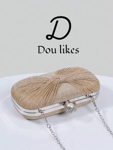 Elegant Champagne Pleated Woven Evening Clutch Bag, High-End Engagement Clutch Purse For Cheongsam Dress, With Metal Chain, Graceful Lady Party Clutch Suitable For Prom, Wedding, Graduation Dance, Formal Dinner/Banquet, Perfect Match For Women's Graduation Dance Dress, Graduation Dance Accessories, Sequin Dress, Shiny Dress, Women's Graceful Dress.