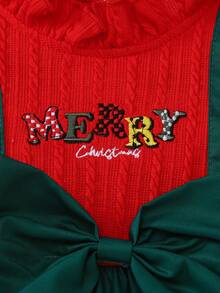 2 Stück Baby Mädchen Weihnachts-Outfits: Rot gestrickter Jacquard Rüschenkragen bestickter Buchstaben Langarm-Oberteil kombiniert mit grünem Schleifen-Weihnachts-Muster 2-in-1 Trägerkleid, mit rotem Jacquard-Stirnband, Frühling/Herbst