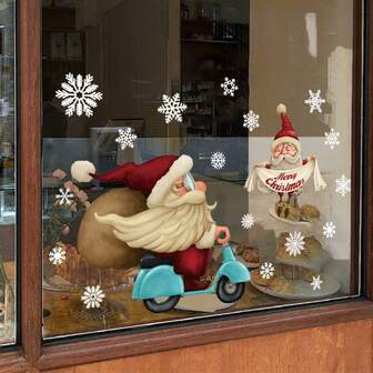 1pc 11.81*17.72 Inch Christmas Window Cling Decal - Featuring Santa Claus And Bear Patterns, PVC Static Cling Glass Sticker, Christmas Holiday Decor For Home And Store