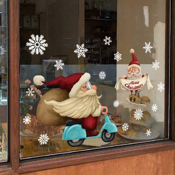 1 Stück 30 x 45 cm Weihnachts-Fenstersticker - mit Motiven von Weihnachtsmann und Bär, PVC Statik-Haftfolie, Weihnachtsdekoration für Zuhause und Geschäft
