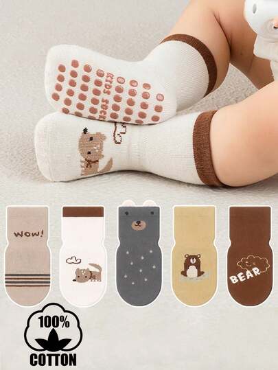5 Pairs Cotton Anti-Slip Cartoon Fox & Bear Print Baby/Toddler Socks, Autumn/Winter