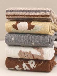 5双纯棉防滑卡通狐狸和熊印花婴幼儿袜子，秋冬款 - 彩色 - 查看 5