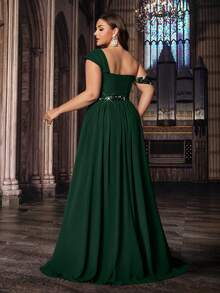 Plus Size Elegant Solid Color Chiffon Sequin Patchwork Strapless Slit Maxi Dress - Dark Green - View 2
