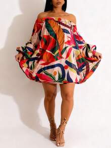 女士印花假日风露肩连衣裙，女士灯笼袖短裙，休闲宽松连衣裙，适合海滩度假