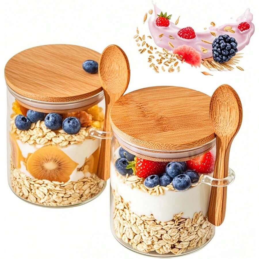 2Pcs Glass Jars With Bamboo Lids And Spoons, 16 Oz Glass Storage Containers With Lids For Dry Food Storage Sugar, Coffee, Nuts, Cookie, Candy, Tea, Airtight Kitchen Canisters Spice Jars - Trong sáng - Xem 1