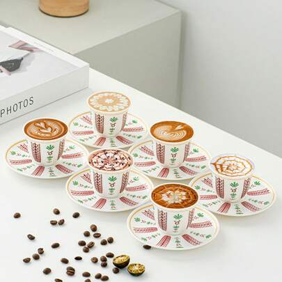 Set Of 6 Cawa Espresso Ceramic Cup And Plate, Elegant Gahwa Coffee Set, Arabic Tea Cup Set For Cafe, Wedding, Festival, Afternoon Tea And Gift Giving