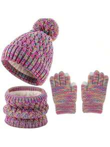 4 件套儿童针织绒球冬帽、围巾和手套套装，女童男童幼儿保暖针织连帽围脖套装 - 彩色 - 查看 15