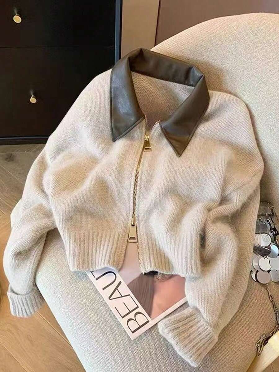 Vera Lane Women's Fall Winter Korean Style Old Money PU Collar Style Street Wear Boho Punk Two-Way Zipper Woolen Beige Jacket Christmas Sweater New Year Look - Apricot - View 1