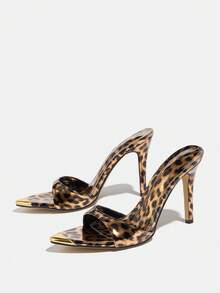 Damskie sandały na wysokim obcasie, idealne na imprezy, spotkania, imprezy plenerowe, modne, ekskluzywne szpilki bankietowe, seksowne, zakryte klapki z błyszczącym materiałem z nadrukiem w panterkę, wsuwane, eleganckie, seksowne, tajemnicze, złote sandały na wysokim obcasie z lamparciej skóry