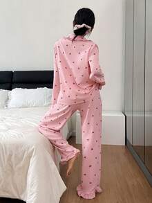 Dreamivo Conjunto de pijama de manga larga con estampado de cerezas y volantes para mujer - Rosa - Ver 2