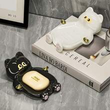 1个可爱卡通猫咪皂碟 - 装饰性塑料皂架，表面光滑，趣味浴室香皂海绵收纳架，装饰性皂托 | 迷人的浴室配件 | 光滑塑料结构，皂托，圣诞礼物浴室配件浴室工具