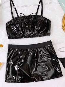 3pcs Sexy Lingerie Set, Includes Chest Strap Bra, Suspender Mini Skirt, And G-String - Black - View 8