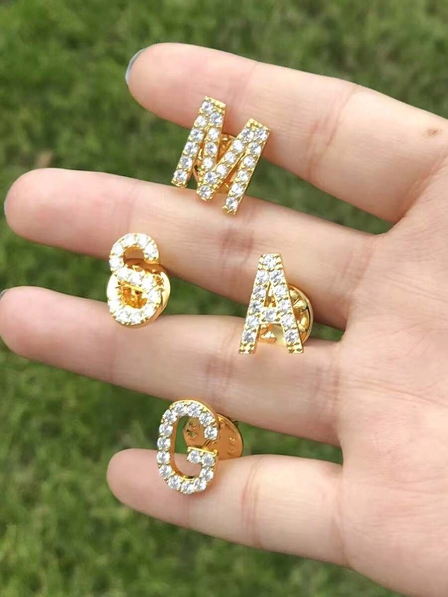 1pc Shiny Crystal A-Z Letter Brooches For Women Initial Name Brooch Pins For Suit Shirt Collar Accessories New Rhinestone Brooch Jewelry - Gold - View 1