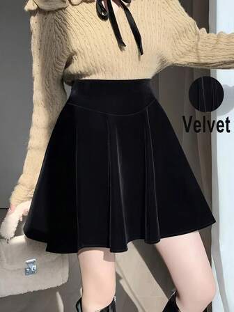 女士休闲厚天鹅绒 A 字裙，优雅梭织面料