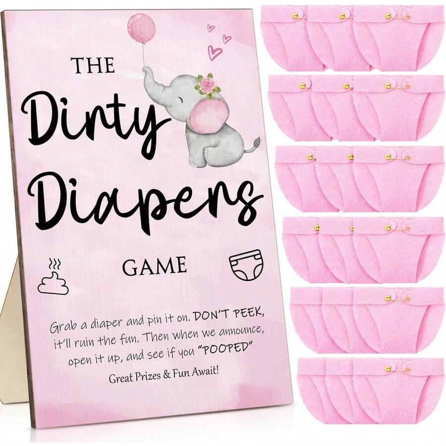 DRoowest 51 Pcs Dirty Diaper Baby Shower Games Funny Wooden Sign With 50 Pcs Mini Diapers Cute Felt For Gender Reveal Party Baby Shower Pink Elephant - 粉紅象 - 查看 1