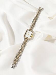 1pc Classic Minimalist Square Bicolor Gold & Silver Rhinestone Women's Watch, Suitable For Daily, Date, Back To School, Party, Birthday Gift