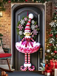 1 Stück festlicher rosa Weihnachtself Türbanner, charmanter Stil Polyester rechteckige Türdekoration mit Schneeflocken-Kranz & gestreifter Mütze Details, vielseitig verwendbares Outdoor Feiertags-Banner für Haus, Veranda, Rasen, Gartendekoration, ideal für Weihnachtsfeiern, Neujahrsereignisse & winterliche Saison-Displays (90x180cm)