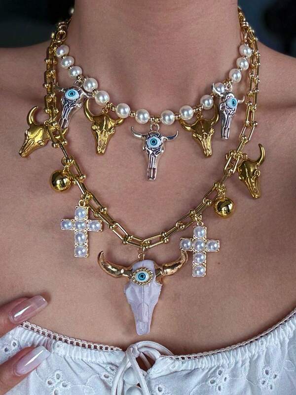 1pc Fashionable White Bull Head, Golden Bull Horn, Pearl, Cross, Golden Ball Pendant Necklace, Suitable For Men And Women, Daily Wear And Gatherings