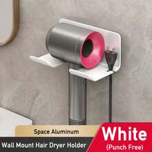 Soporte de aluminio para secador de pelo montado en la pared sin taladro, soporte de metal autoadhesivo para secador de pelo - Blanco - Ver 2
