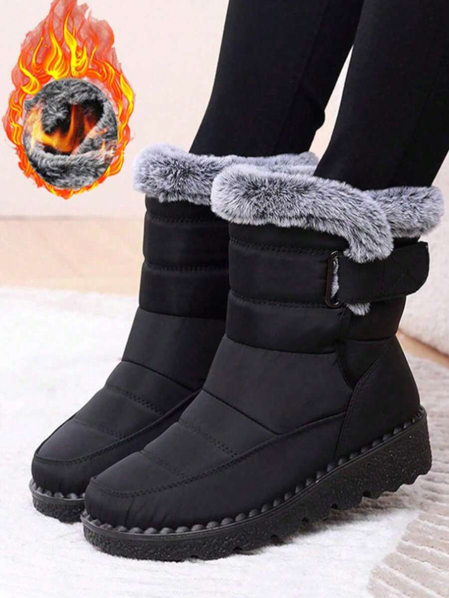 36-45 Size Outdoor Thermal Lined Thick Snow Boots For Women, Mid-Calf Round Toe Flat Heel Plus Size Waterproof Anti- High-Top Boots, Cold-Resistant, Middle-Aged Boots, Black - 黑色 - 查看 1