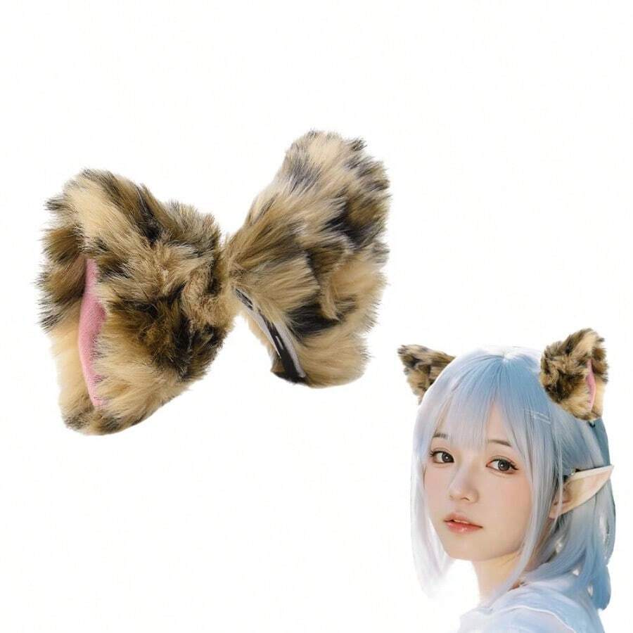 QY- Leopard Cat Ears Hair Clip For Women Cosplay Halloween Costume For Woman Girls Cheetah Print HairAccessories For Woman Cheetah Ears Hairclip For Girls Leopard Ears Hair Clips For Women -6108 - 豹紋 - 查看 1