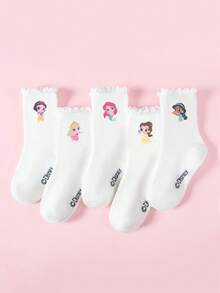 Disney 5双公主系列白色蕾丝边儿童短袜，整体风格可爱，适合甜美风格，卡通图案萌趣，时尚休闲透气学生袜，适合日常穿着、返校季、节日礼物