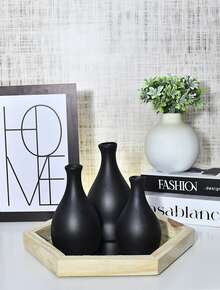 Kit 4 Peças Trio de Vasos de Ceramica + Bandeja Espelhada Rustica Conjunto Decorativo Artesanal Colorido Enfeite Moderno Ideal para Presentear Objeto Estilo Nordico Decoração de casa sala cozinha Aparador Rack Escritorio Prateleira arranjo artificial - Preto liso - Visão 9