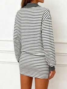 Women's Two Piece Outfit Fashionable Long Sleeve V Neck Striped Tops And Drawstring Skirt Set - Black - View 7