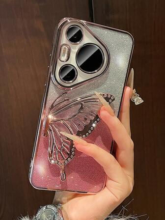 Luxury Electroplated Pink Phone Case With Butterfly Liquid Stand, Sparkling Rhinestone Style, New Summer Fashion Silicone Shock-Proof Soft Cover, Compatible With Samsung Galaxy S24 S25 Ultra FE A56 A16 4G 5G, Compatible With Xiaomi Redmi 14C, Compatible With Huawei Honor OPPO Reno Realme MOTO Infinix, Y2K Style Unisex 2025