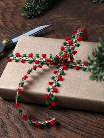 1pc 10 Yards/360inch Christmas Pom Pom Ribbon Garland - Festive Red And Green Pull Flower Trim - DIY Ideal For Gift Wrapping And Holiday Decorations