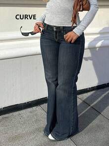 女式加大码喇叭牛仔裤，长款牛仔布，带口袋，纽扣拉链，高弹力