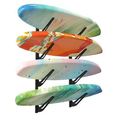 Estante de almacenamiento para wakeboard, soporte de pared ajustable de 4 niveles para exhibir tablas, percha resistente para equipos de deportes acuáticos para tablas de surf, wakeboard y snowboard, soporta hasta 120 lb