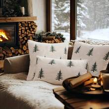 Fluffy Christmas Tree Embroidered Pillow Covers Set, Soft White Plush Cushion Cases For Winter Home & Holiday Room Decor, 18x18" (Covers Only) - 白色 - 查看 7