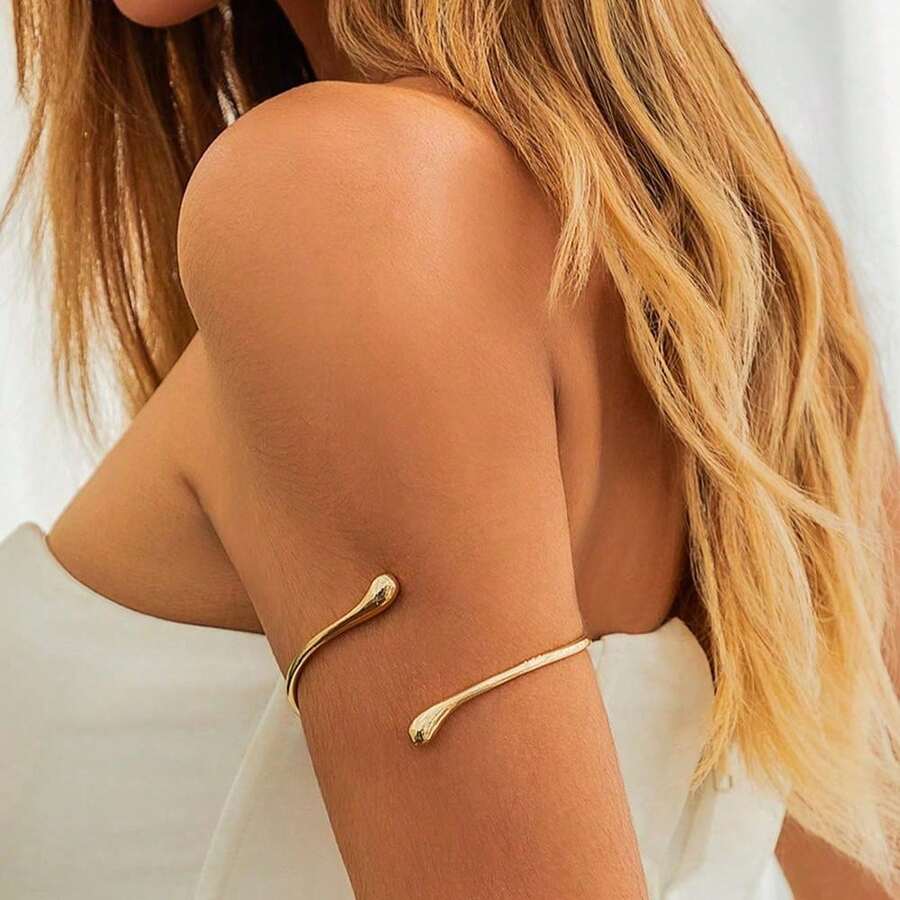 1 Piece Of European And American Minimalist And Personalized Design With An Open Arm Chain Fashion Armband, Gold Jewelry Plain Ring, Water Droplet Metal Arm Bracelet Suitable For Women's Daily Wear, Travel, Parties, Gatherings, Banquets, And Dancing
