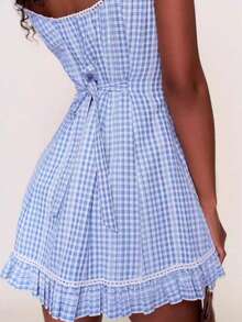 Women's  Plaid Square Neck Sleeveless  Tie Back Fake Button-Front Ruffled Slim Fit Dress For Vacation  Daily - Blue - View 4
