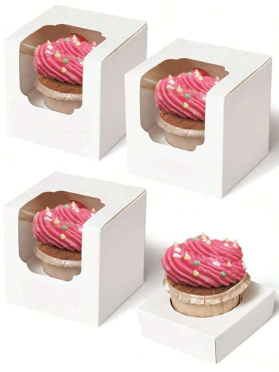 20 cajas de papel blanco para cupcakes con ventana transparente y asa, adecuadas para cajas de dulces de boda - Multicolor - Ver 1
