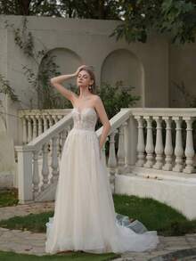 YOUKEFEIER Women's Off Shoulder Sexy Deep V Lace Embroidery With Beads Long Wedding Dress