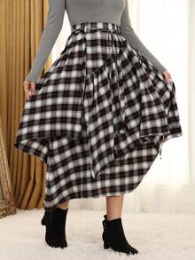 Scottish Style Women's Tartan Skirt - Elegant High Waist With Celtic FringeFlowyAsymmetrical Hem | Non-Stretch Fabric | All-Season Wear - 黑與白 - 查看 3