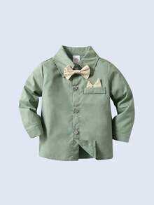 BOARNSEORL 2pcs Baby Boys Gentleman Outfit Set, Collared Shirt With Bowknot And Overalls Pants, Fashionable & Dapper For Birthday Party, Wedding, Banquet - Khaki - View 5