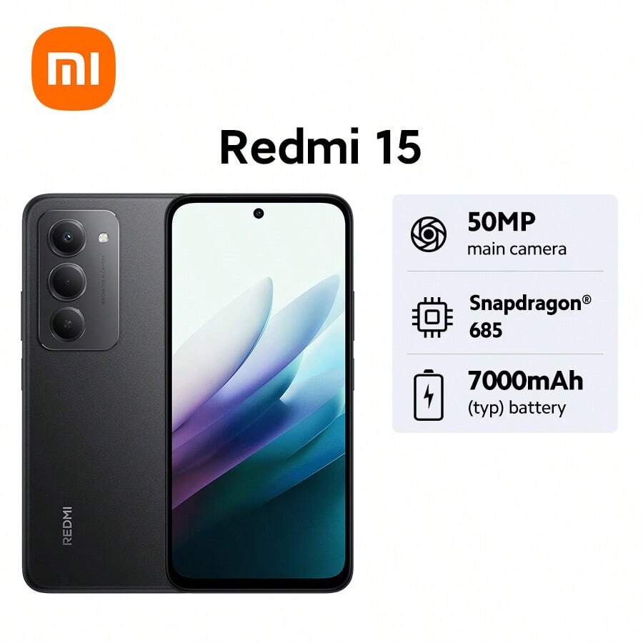 Xiaomi 小米 Redmi 15 全球版智能手机 NFC 大容量 7000mAh 电池 沉浸式 6.9 英寸 FHD+ 显示屏 高达 144Hz 高刷新率 强大的 Snapdragon 685 高达 16GB RAM 带内存扩展 四曲面设计，手感舒适 IP64 防尘防水 33W 快速充电 50MP AI 双摄像头系统 智能开关，轻松夜间拍摄 - 黑色 - 查看 1
