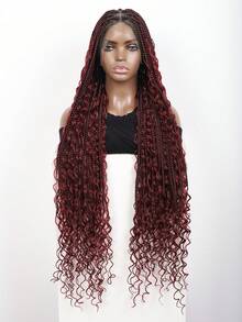 全蕾丝前结盒编织假发，带婴儿头发和波西米亚风卷发，36 英寸合成蕾丝前盒编织假发，日常使用 - 酒紅色 - 查看 4