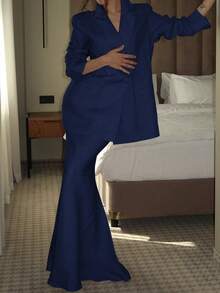 女士优雅单排扣西装外套搭配纯色半裙套装，尽显高贵典雅的春季风情 - 寶藍色 - 查看 4