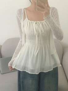 Women's Solid Color Bowknot Front Design Camisole, Fresh Style For Spring/Summer Casual White - White - View 7