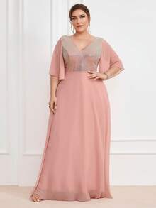 UNITHORSE V-Neck Sequin Patchwork Waist Cinched Chiffon Elegant Maxi Bridesmaid Dress - Pink - View 4