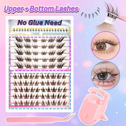 100 sợi mi giả dạng chùm không cần keo, 3 kiểu màu nâu hỗn hợp, độ cong chữ D mềm mại, chiều dài 11-13mm; Bao gồm 20 sợi mi dưới không cần keo, mi giả tự dính mềm mại, tự nối mi, mi giả dạng chùm đã dán sẵn, mi cong chữ D tự nhiên giúp mi dài hơn, không cần keo, không cần tẩy trang, kèm nhíp và dụng cụ uốn mi.